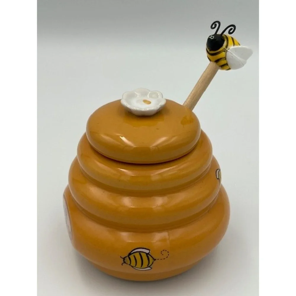 Honey Miel Ceramic Beehive Jar with Lid & Wooden Bumble Bee Dipper